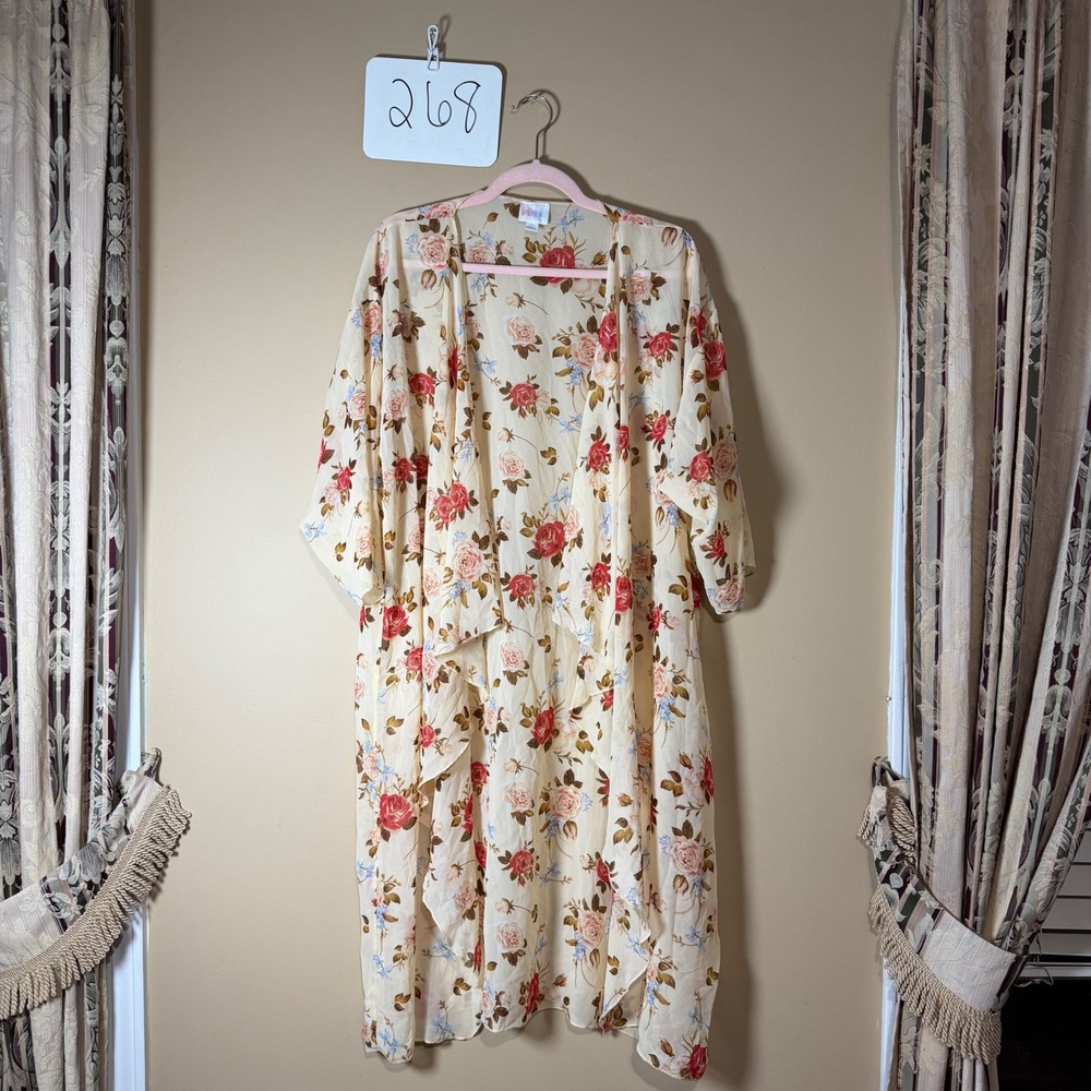 LuLaRoe Shirley Kimono Large Cream Floral Rose Chiffon Open Front Cardigan L